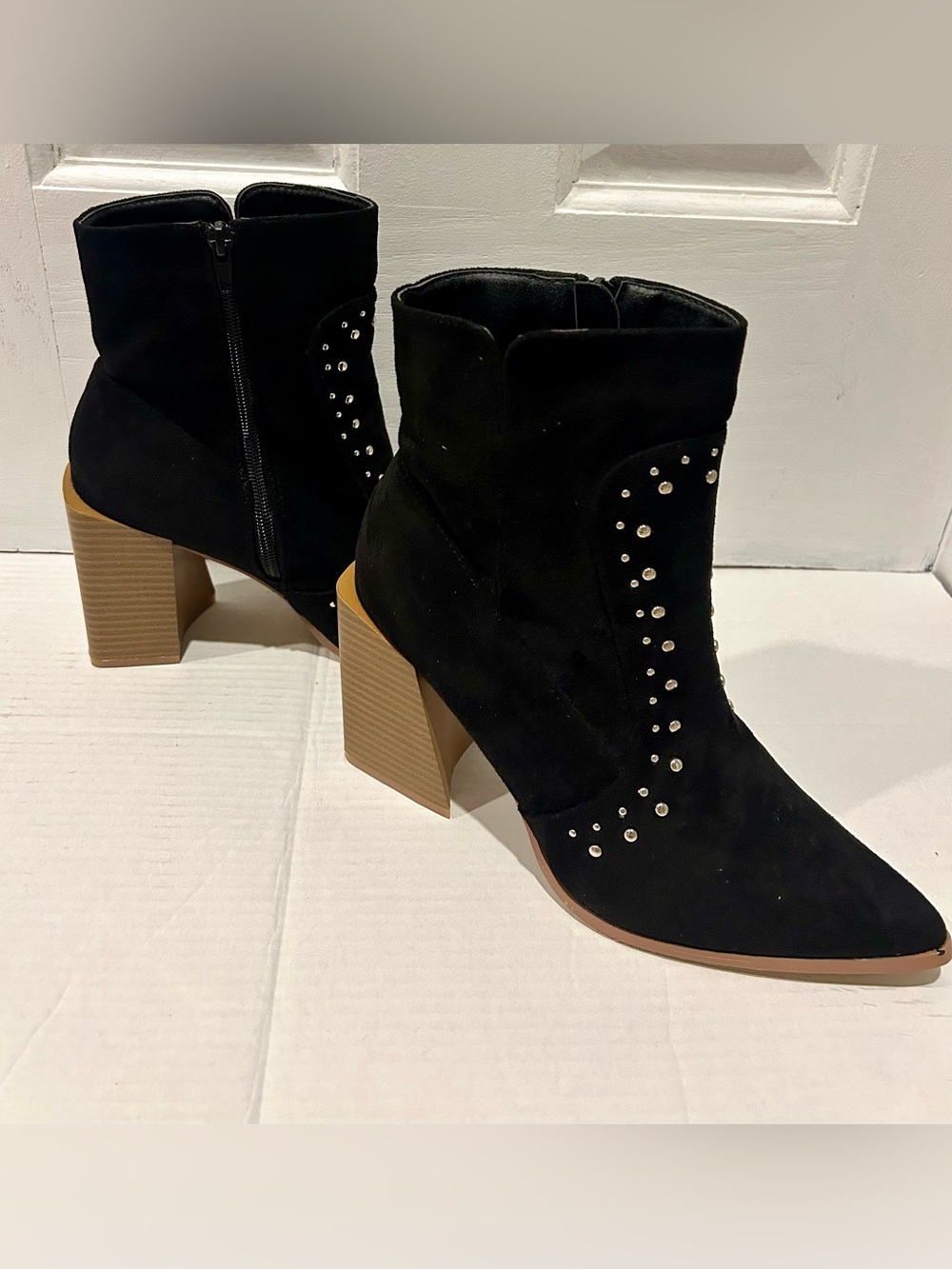 Lulu's Black Suede Studded Block Heel Ankle Boots